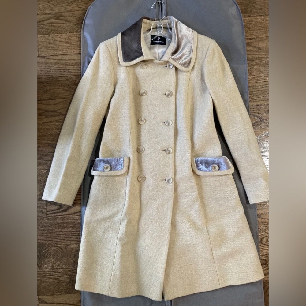 KATHERINE HOOKER Beige Brown Herringbone Contrast Coat, Size UK 10 US 8
